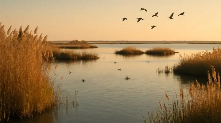Paesaggi naturalistici del Delta del Po con canneti e fenicotteri