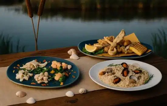 Menù Viaggio nel Delta di Ponte Molo con Il mare al vapore, Risotto del Delta e Frittura del Pescatore