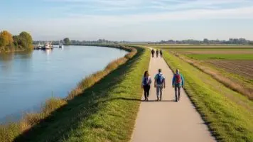 Camminatori sull'argine del Po con vista panoramica sul fiume e sulla campagna