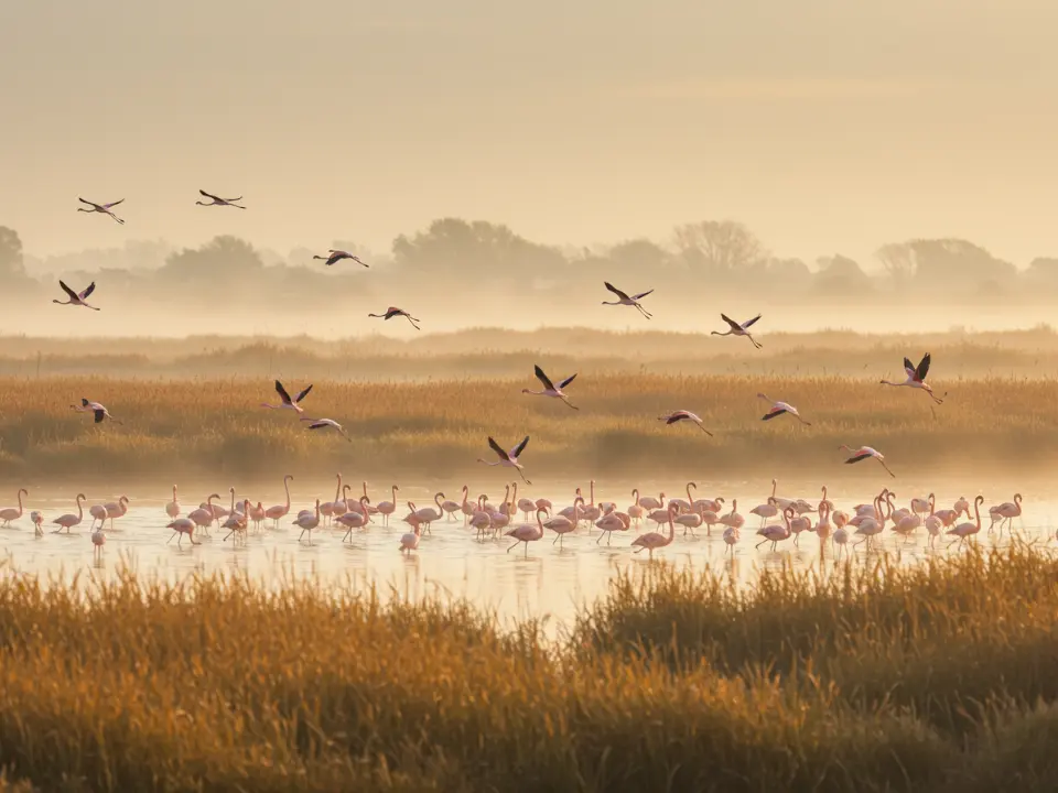 Fenicotteri rosa in autunno nelle lagune del Delta del Po con colori caldi e atmosfera nebbiosa