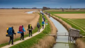 Escursionisti lungo Il Cammino del Delta con zaini e bastoncini da trekking