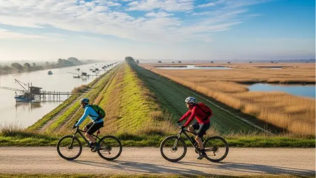 Cicloturisti che pedalano lungo gli argini del Delta del Po