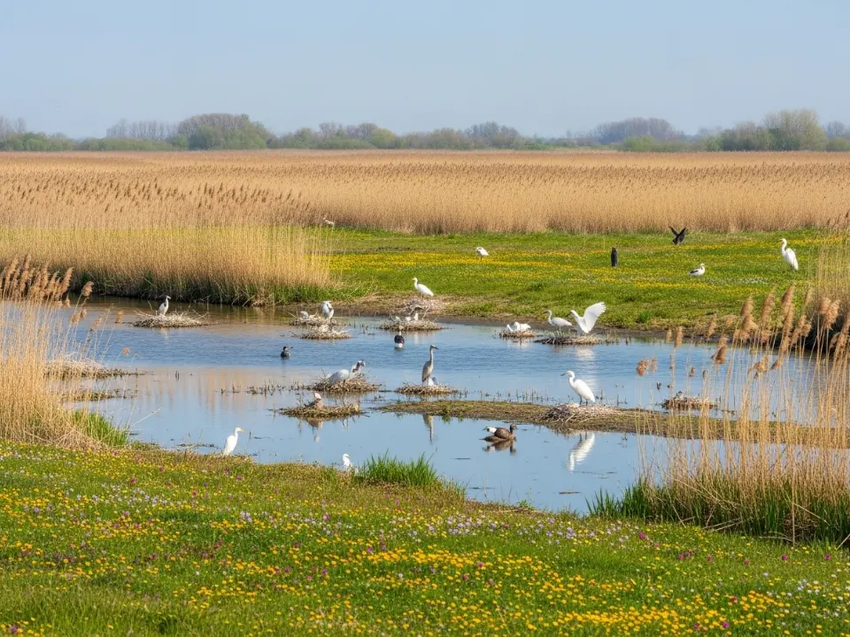 Paesaggio primaverile del Delta del Po con fiori selvatici e uccelli nidificanti