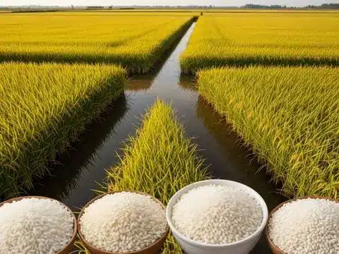 Risaie del Delta del Po con spighe mature di riso IGP e canali di irrigazione