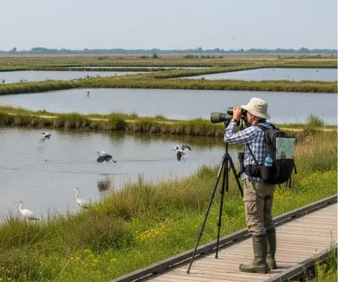 Panorama del Delta del Po visto da un sentiero escursionistico con birdwatcher in primo piano