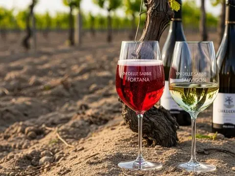 Bicchiere di Vino delle Sabbie con vigneti del Delta sullo sfondo