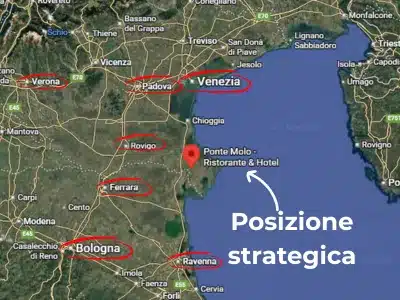 Mappa della posizione strategica dell'Hotel Ponte Molo per esplorare il Delta del Po
