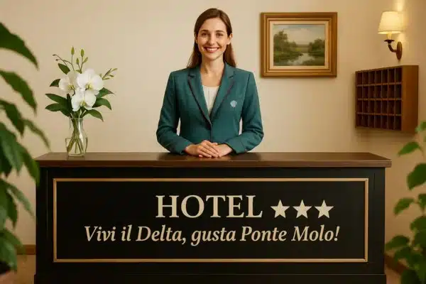 Reception dell'Hotel Ponte Molo con staff accogliente e atmosfera familiare