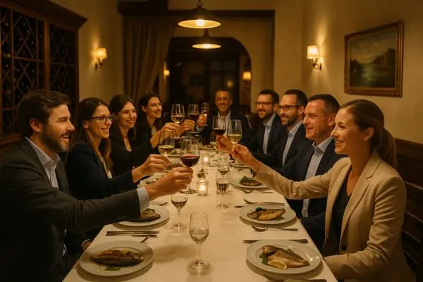 Gruppo di colleghi durante una cena aziendale a Ponte Molo con tavoli elegantemente apparecchiati