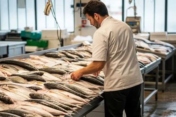 Chef di Ponte Molo che seleziona il pesce fresco al mercato ittico di Pila
