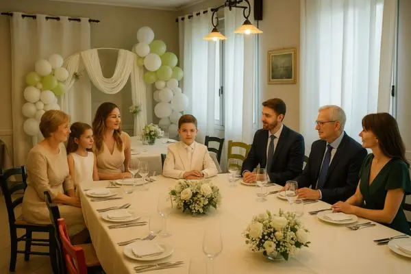 Famiglia riunita a Ponte Molo per festeggiare una cerimonia religiosa con allestimento elegante