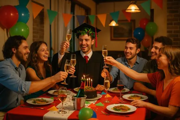 Gruppo di amici che festeggia una laurea a Ponte Molo con brindisi e allestimento tematico