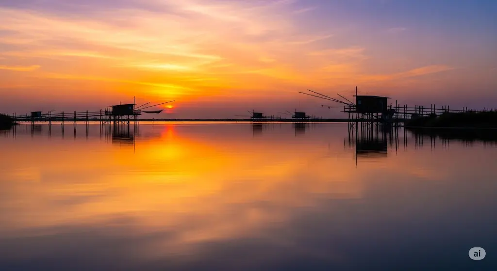 Sunset over the fishing huts and the waters of the Po Delta