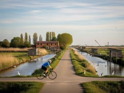Ciclista lungo gli argini del Delta del Po