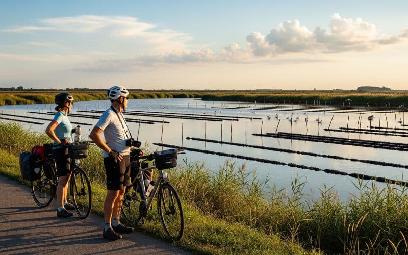 Ciclisti lungo la Sacca degli Scardovari nel Delta del Po