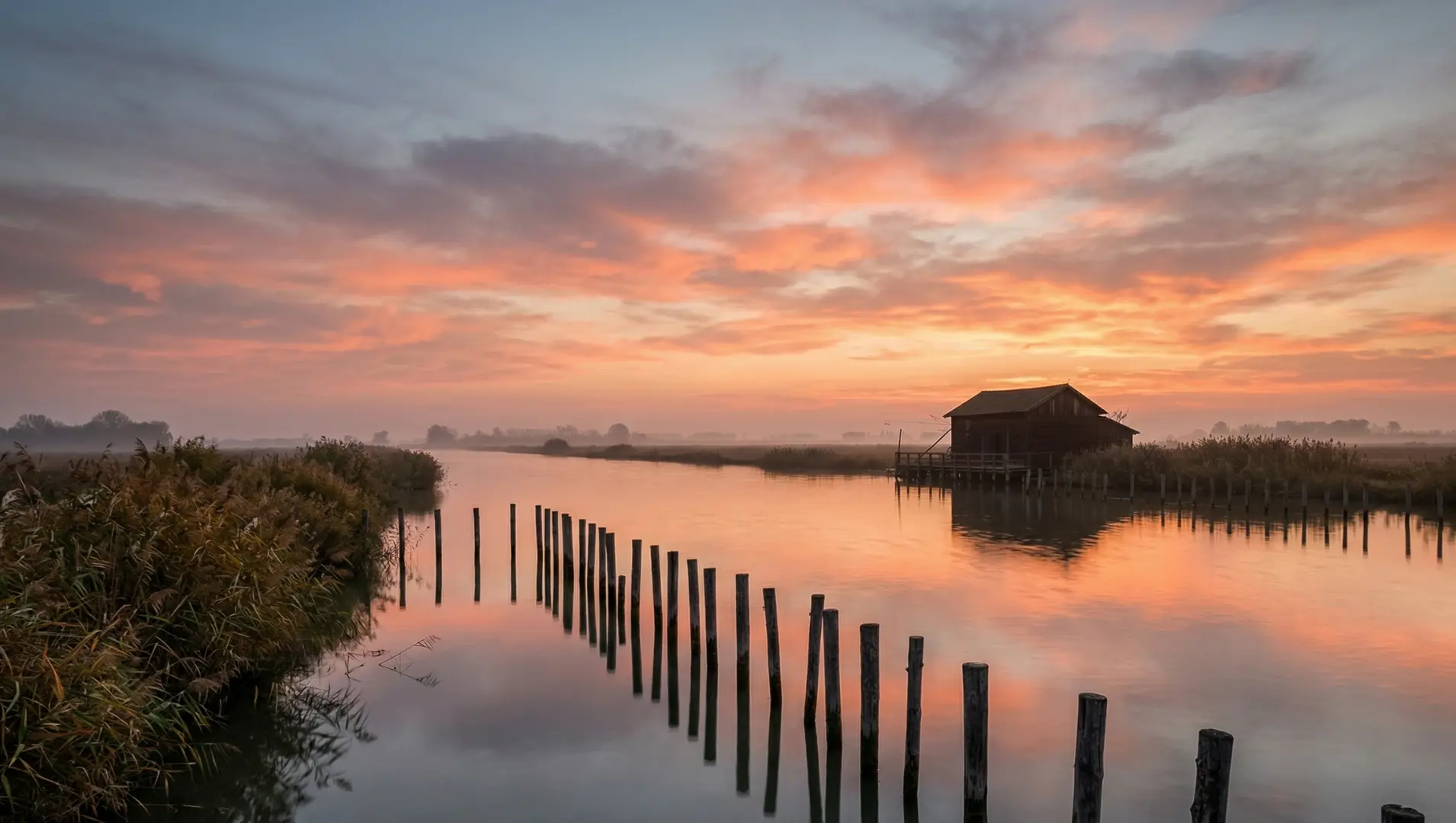 The Po Delta lagoons at sunset, habitat of the bisato