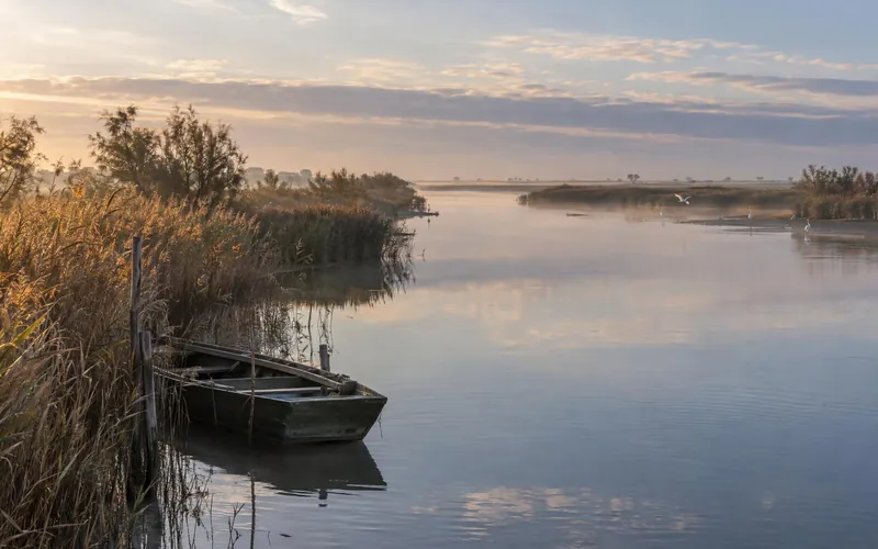 A branch of the Po in the Delta at dawn, among reed beds and a moored boat