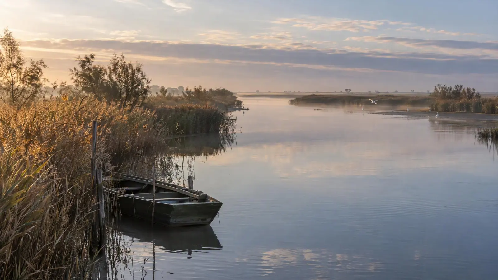 A branch of the Po in the Delta at dawn, among reed beds and a moored boat