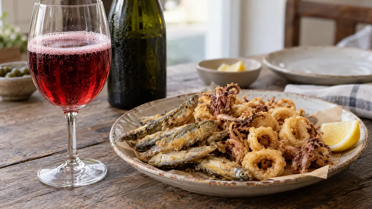 A glass of lightly sparkling red wine beside a plate of fried fish