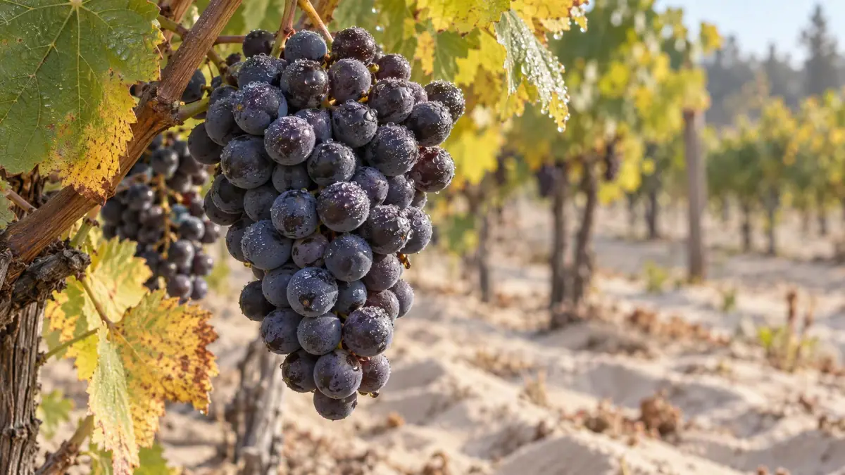 A dark bunch of red grapes on a vine in a sandy vineyard