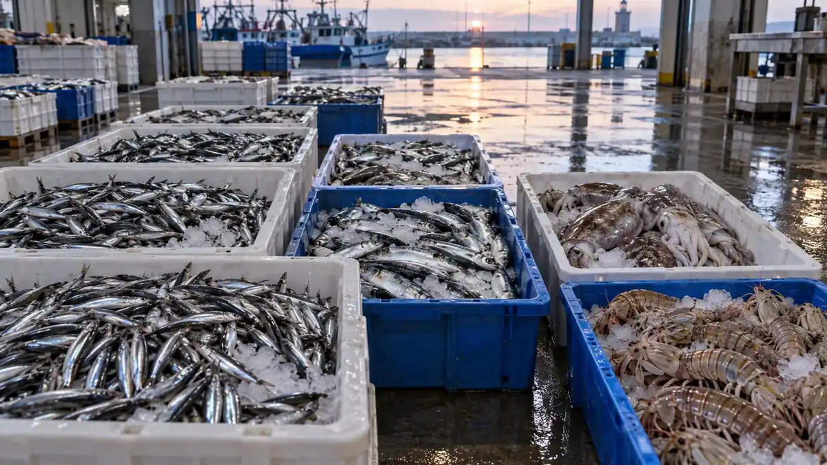 Crates of anchovies, sardines, cuttlefish and mantis shrimp on ice in a fish market