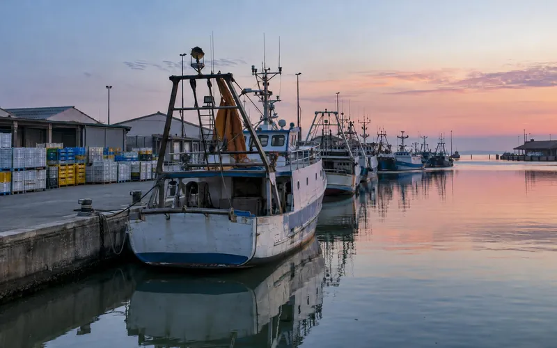 The fishing port of Pila at dawn, with fishing boats moored along the quay