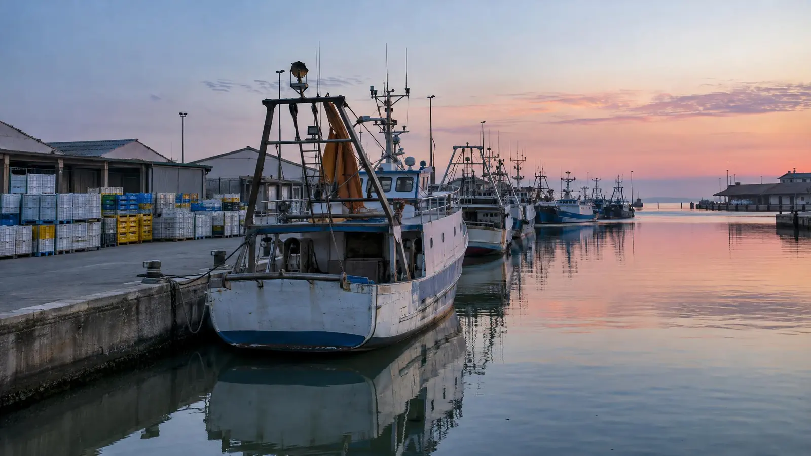 The fishing port of Pila at dawn, with fishing boats moored along the quay
