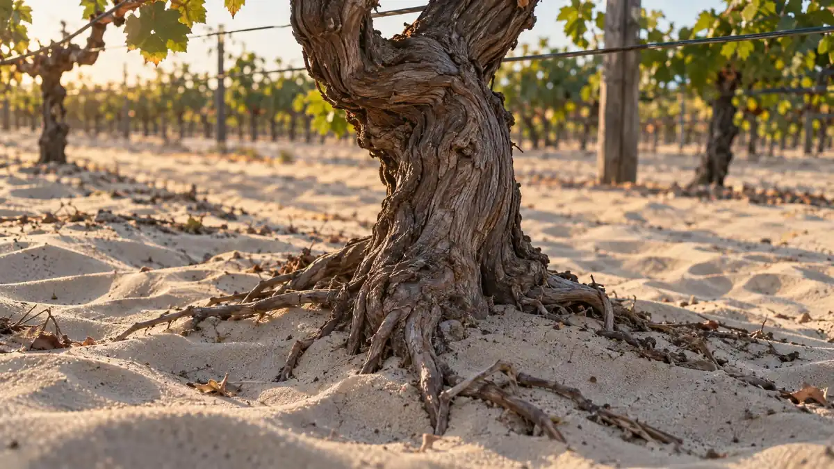 The stump of an old ungrafted vine sinking its roots into pale sand