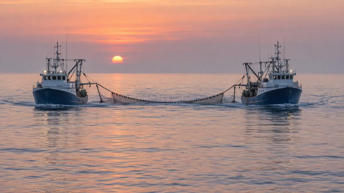 Two twin fishing boats towing a net in mid-water, volante pair fishing, at dawn